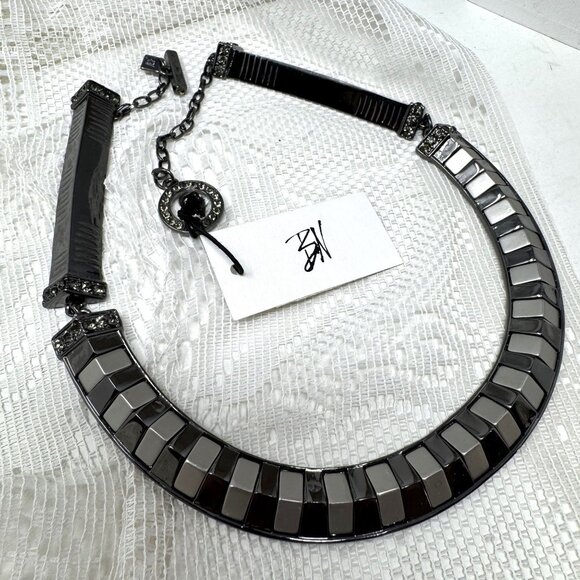 Black & White Geometric Statement Necklace With Adjustable Chain & Crystal Accen - Picture 6 of 9